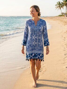 Bindya Bohemian Blue and White Dress with tassels